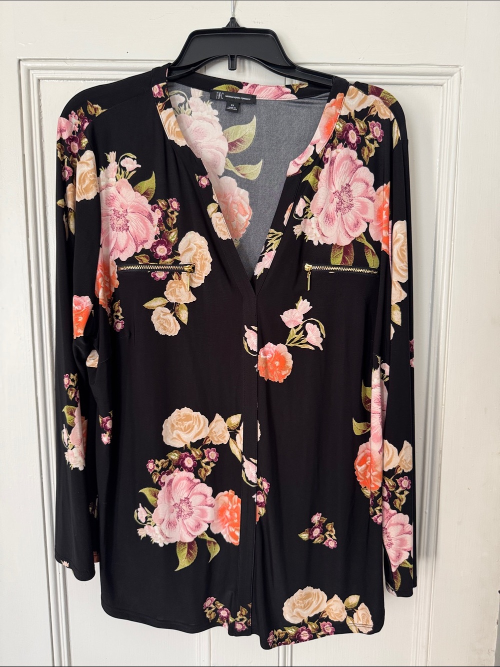INC International Concepts Black Floral V-Neck Blouse with Gold Zips